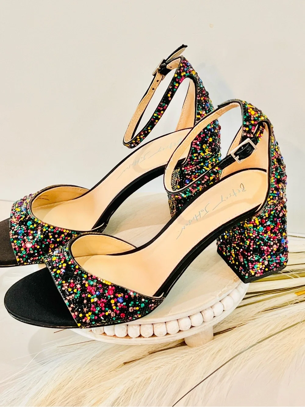 Betsey Johnson Black Multicolor Glitter Block Heel Sandals